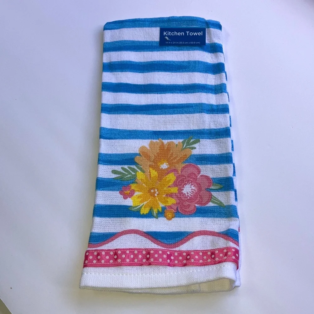 FLOWERS IN BLOOM Kitchen Towel NAUTICAL STRIPES FLOWERS NEW 14 x 24 inches